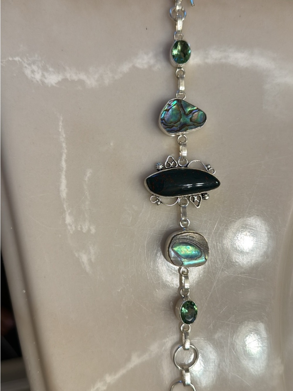 Abalone & Green Stone Silver tone Bracelet - Iridescent Green
